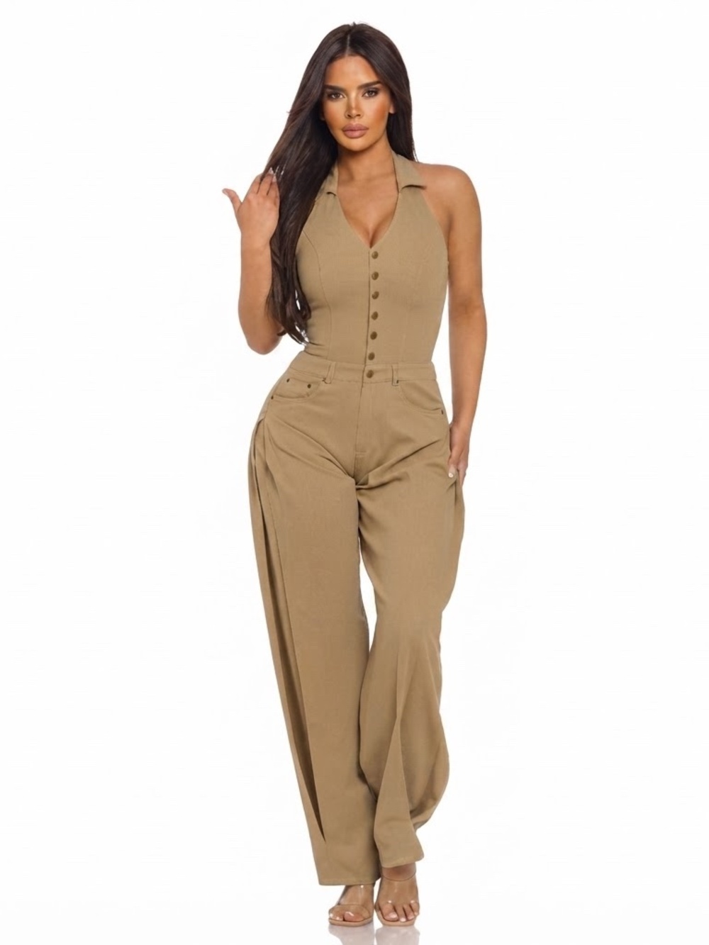 Boutique Brand Wide Leg Halter Jumpsuit in Mocha NWOT